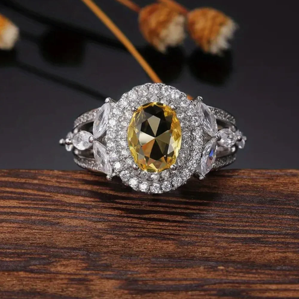 💍Lux Canary Yellow &White Cz Diamond Halo Cocktail Ring